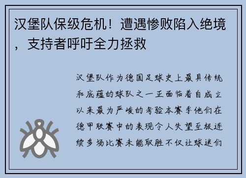 汉堡队保级危机！遭遇惨败陷入绝境，支持者呼吁全力拯救